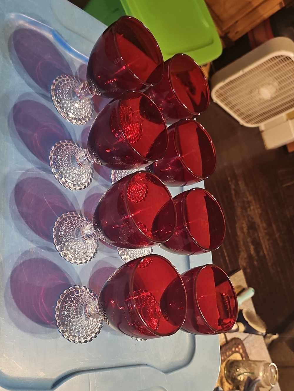 Set of 8 Ruby Red Goblet Wine Glasses with Clear Bubble Stems Anchor Hocking